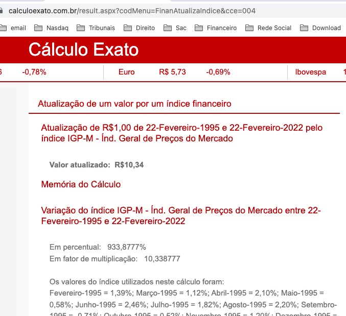 site do site calculo exato com atualização de R$1,00 de 1995 a 2022