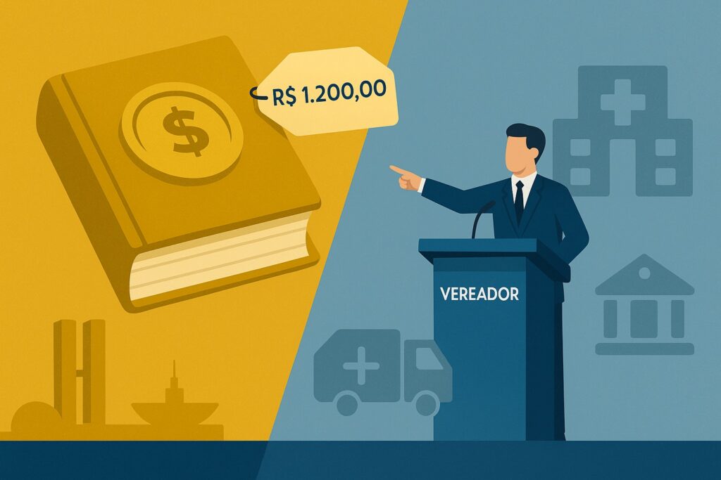 Ilustração do caso Goiânia: vereador Telêmaco Brandão questionando compra de livros de R$ 1.200,00 enquanto serviços públicos essenciais como saúde e coleta de lixo carecem de recursos