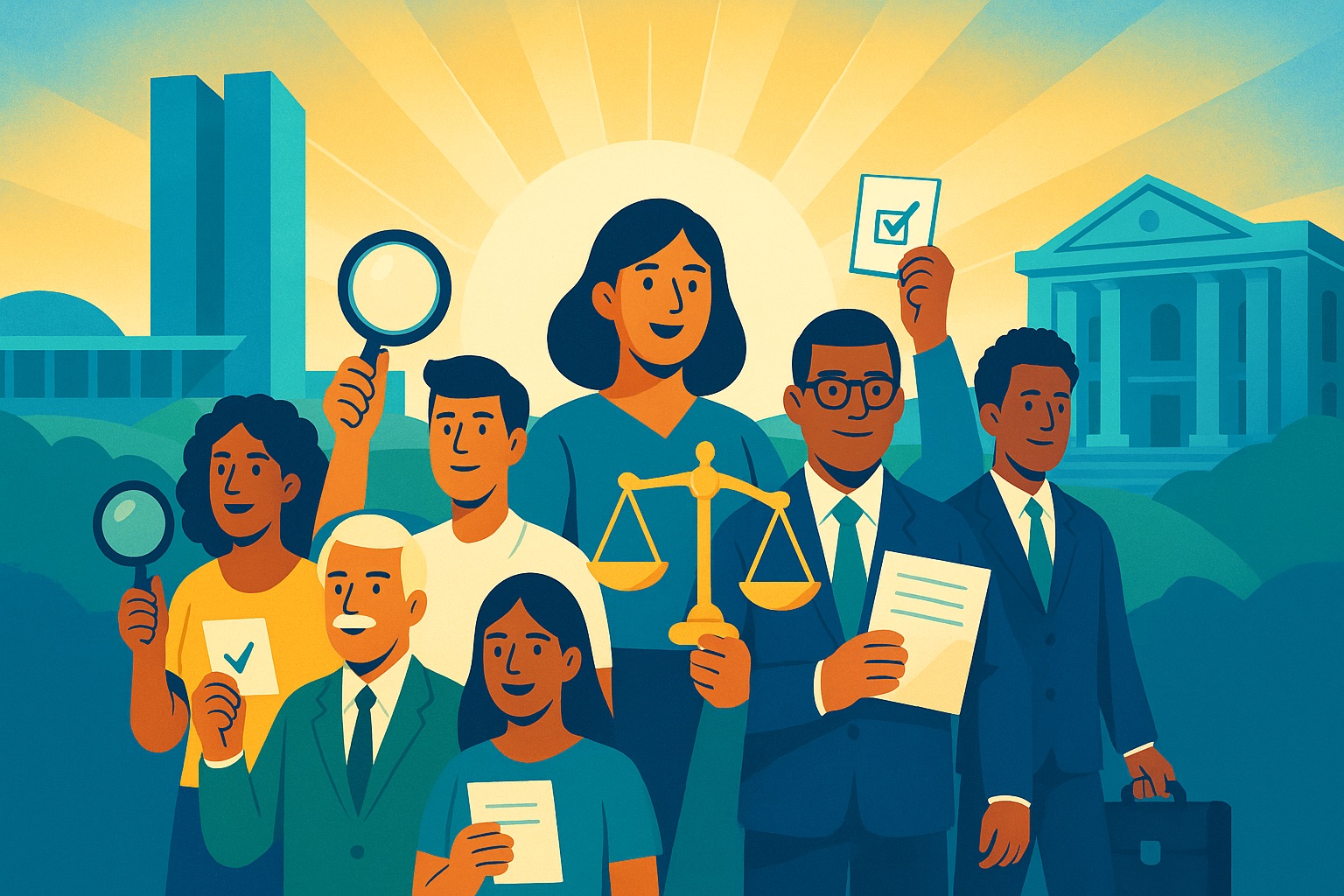 Cidadãos brasileiros diversos incluindo vereadores unidos segurando símbolos de participação democrática como lupas, documentos e balanças da justiça, com arquitetura cívica e nascer do sol ao fundo