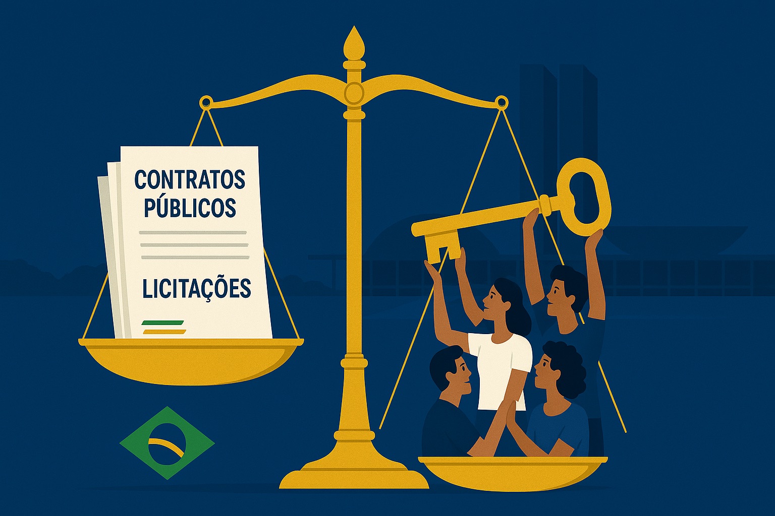 Ilustração da ação popular como ferramenta de fiscalização parlamentar: balança da justiça com documentos públicos e cidadãos brasileiros segurando chave dourada, tendo o Congresso Nacional ao fundo